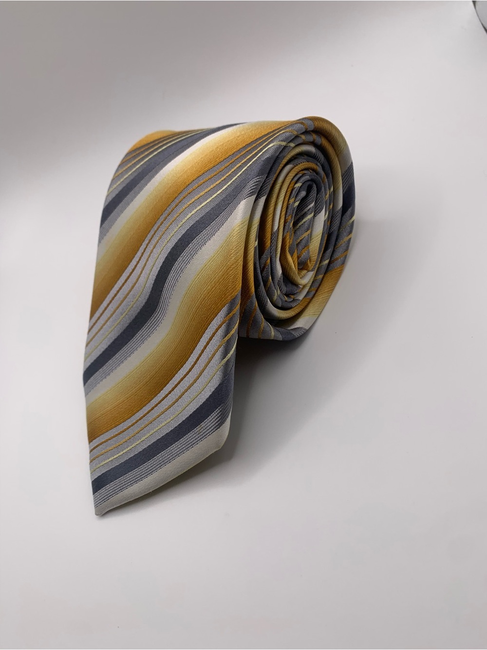 Geoffrey Beene Mustard Yellow and Gray Striped Silk Tie